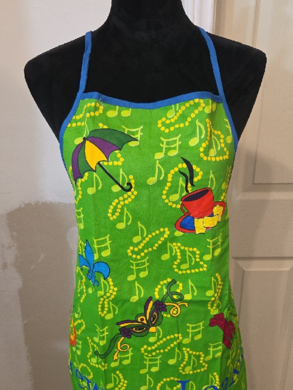 Bright Green New Orleans Themed Apron Mardi Gras Cookout Outdoors Party Family - Picture 2 of 7